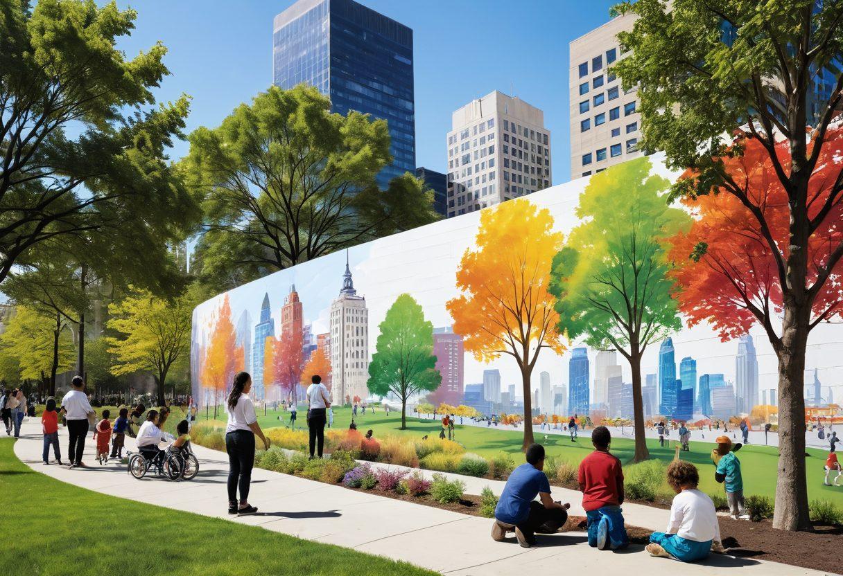 A vibrant cityscape showcasing active civic engagement, with diverse community members collaborating on a mural, planting trees, and discussing urban plans in a sunny park. Skyscrapers in the background adorned with colorful banners representing local culture, while children play nearby, reflecting a sense of harmony. super-realistic. vibrant colors. white background.