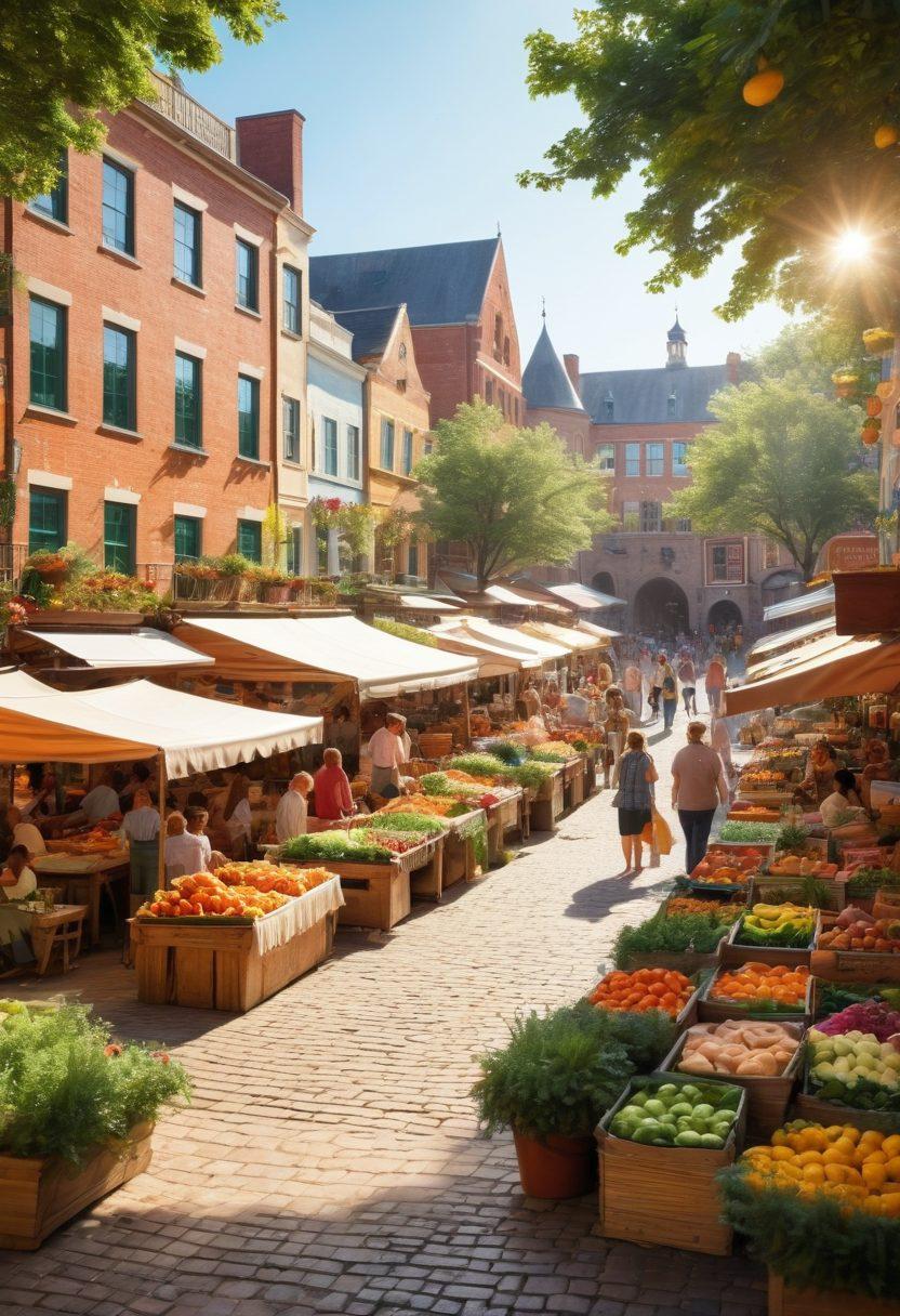 A lively town square filled with diverse people engaging in animated discussions, children playing, and local musicians performing. Colorful market stalls brimming with fresh produce and handmade crafts, surrounded by charming brick buildings adorned with flower boxes. Soft sunlight filters through lush trees, creating a warm and inviting atmosphere. Emphasize a sense of community and connection. vibrant colors. super-realistic.
