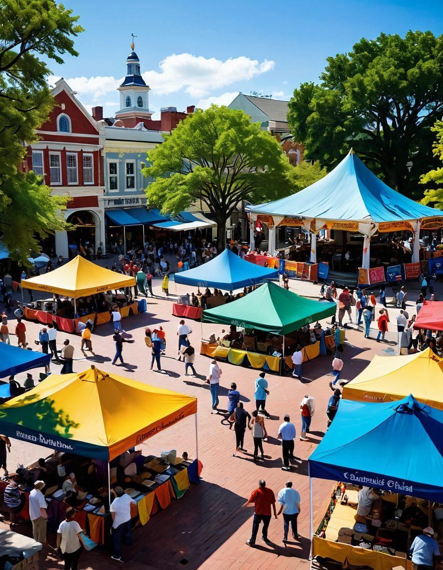 A vibrant town square bustling with activity during a community event; colorful banners flutter in the breeze, people of diverse backgrounds engage in various activities like dancing, promoting local art, and enjoying food stalls; a central gazebo hosts live music, illustrating the connection between urban development and civic pride. super-realistic. vibrant colors. dynamic composition.
